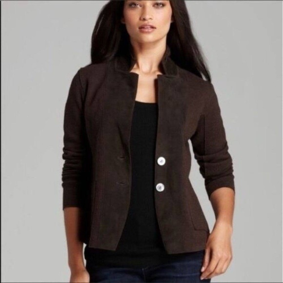 Eileen Fisher Wool and Lamb Leather Blazer Jacket, Brown, Size Large - Picture 2 of 12